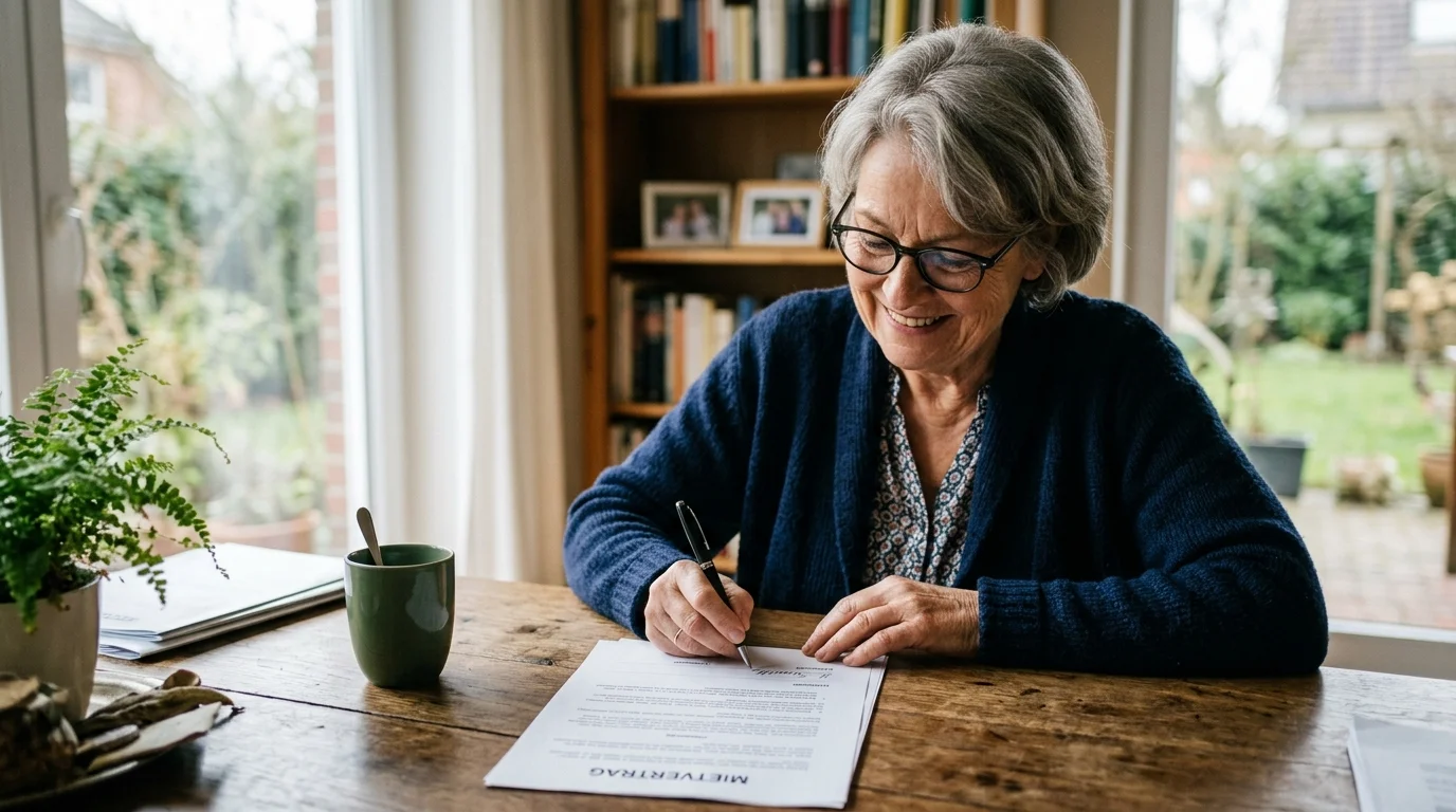 Eine Seniorin sieht am Schreibtisch in Ruhe ihre Unterlagen durch